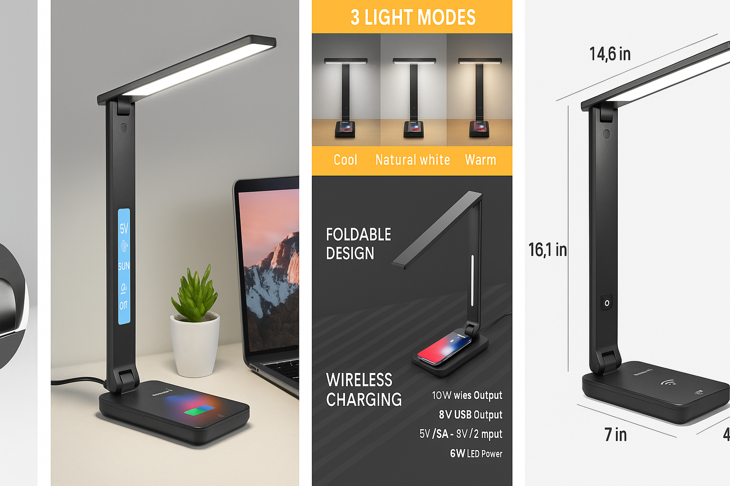 Luxe 3-in-1 LED Bureaulamp – Draadloze Telefoonoplader + Smart Display + 5 Lichtstanden