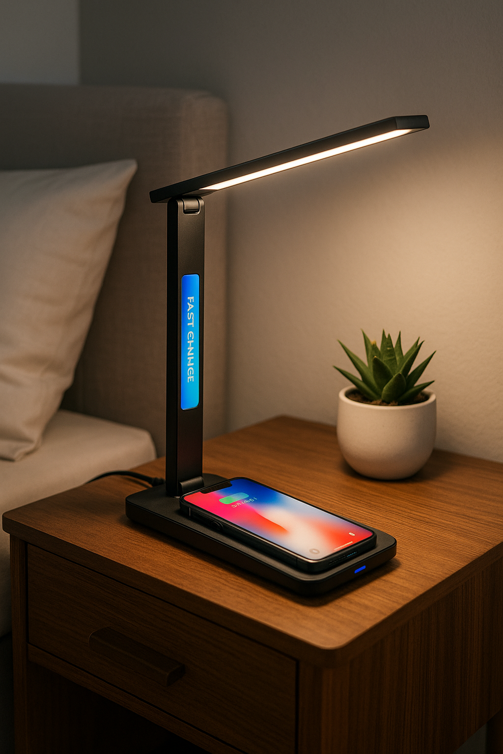 Luxe 3-in-1 LED Bureaulamp – Draadloze Telefoonoplader + Smart Display + 5 Lichtstanden