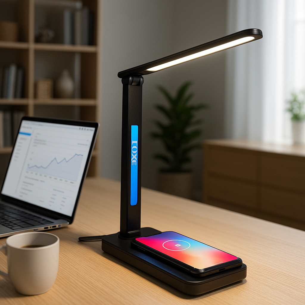 Luxe 3-in-1 LED Bureaulamp – Draadloze Telefoonoplader + Smart Display + 5 Lichtstanden