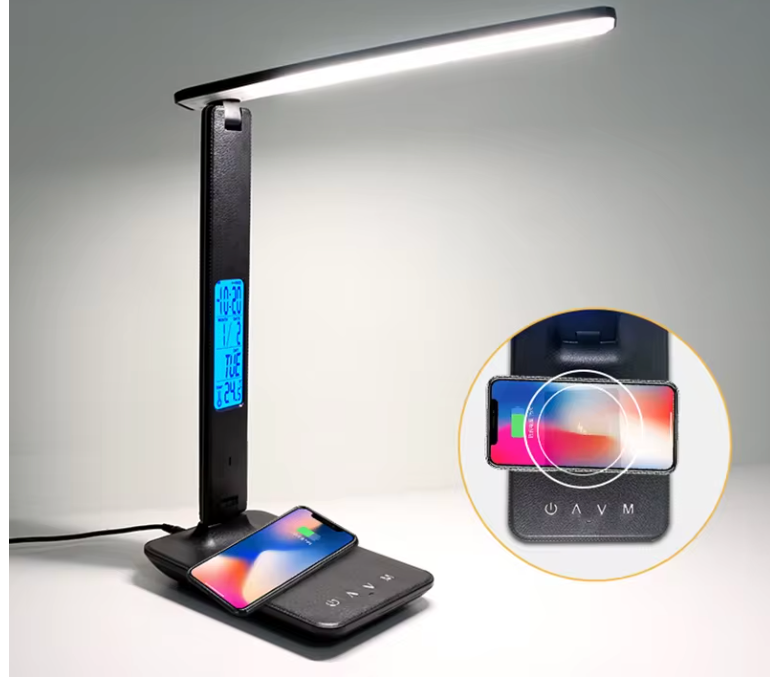 Luxe 3-in-1 LED Bureaulamp – Draadloze Telefoonoplader + Smart Display + 5 Lichtstanden