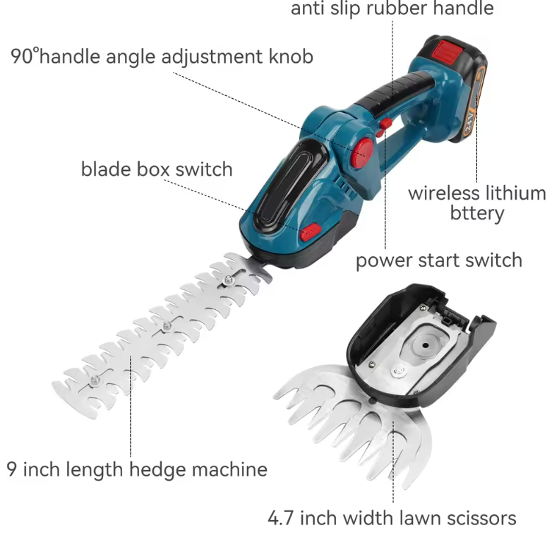 2-in-1 Elektrische Heggenschaar & Grastrimmer – Draadloze Tuinsnijder met Accu | 90° Draaibaar | Voor Gras, Hagen & Struiken